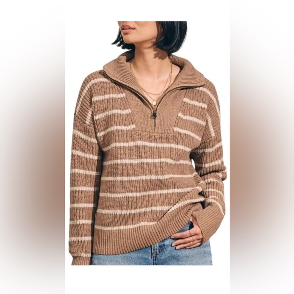 Faherty Camel and Cream Striped Mariner Half Zip Sweater